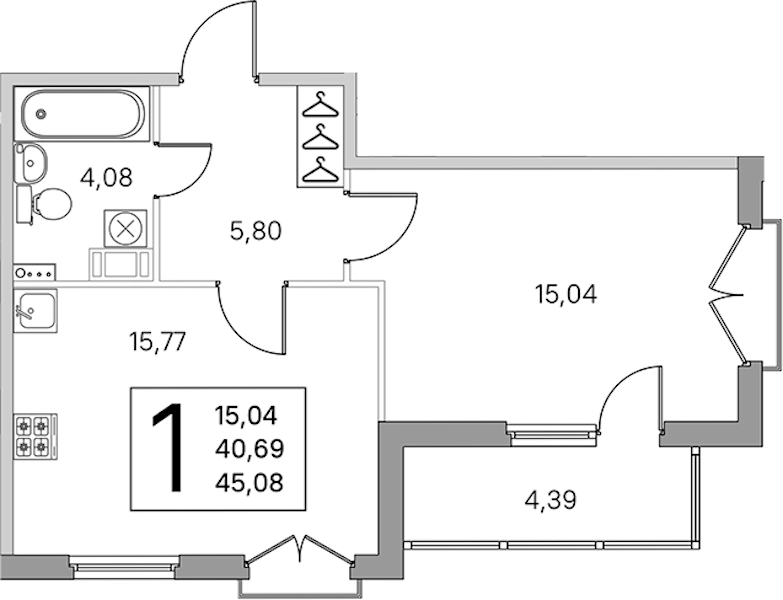 1-комнатная квартира 42.01 м², 3/4 эт., ЖК «Любоград в Стрельне»